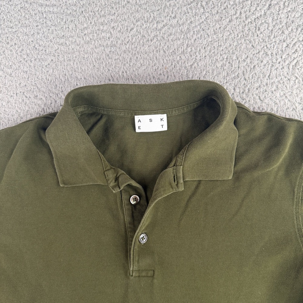 ASKET The Pique Polo Men M Long Olive Green Organic Cotton Short Sleeve 9663